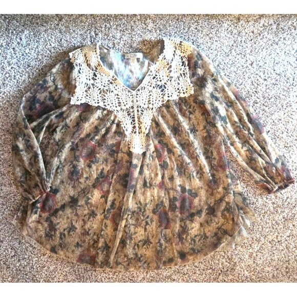 XL Beige Floral Boho Swing Top Blouse Lace Vintage America Gold Blue Red Sheer - Picture 1 of 11